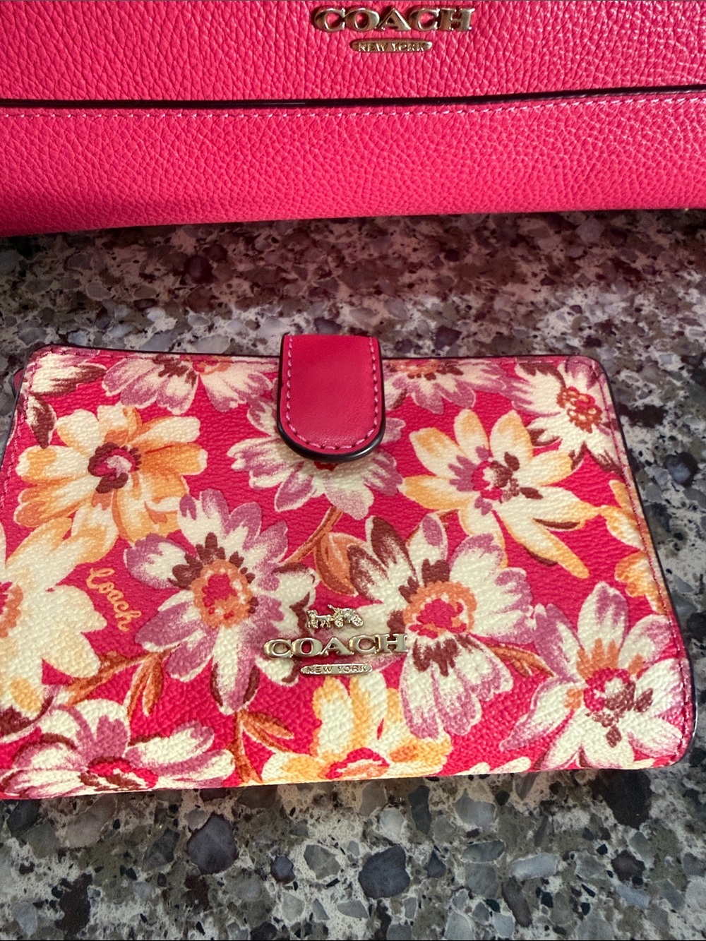 Coach Pink Floral Leather Wallet with Gold Logo
